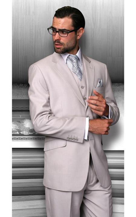 Mensusa Products Statement Pinstripe Solid Sand 3 Piece Suits Regular Fit Pick Stitched Pleated Pants 2 Button Jacket