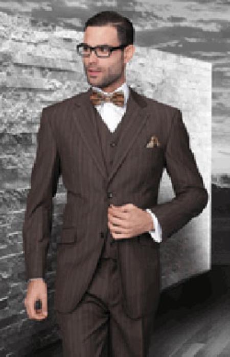 Mensusa Products Statement All Wool Brown Shadow Stripe 3 Piece Suit Pleated Pants
