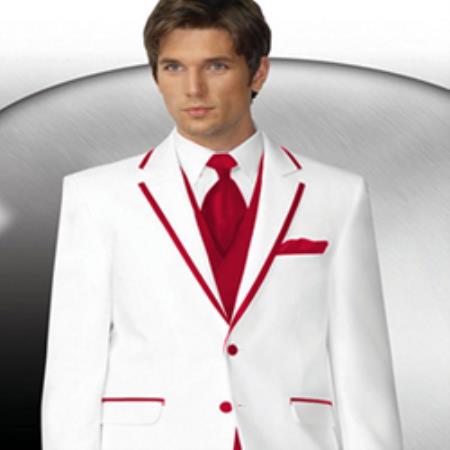 Mensusa Products Mens 2 Button Style White Tuxedo With Red Trim Collar + Matching Vest & Tie & Pants