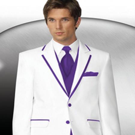 Mensusa Products Mens 2 Button Style White Tuxedo With Purple Trim Collar + Matching Vest & Tie & Pants