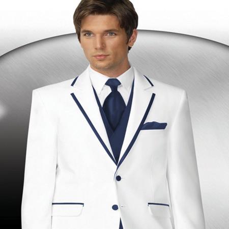 Mensusa Products Mens 2 Button Style White Tuxedo With Navy Blue Trim Collar + Matching Vest & Tie & Pants