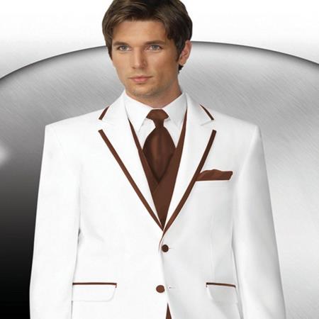 Mensusa Products Mens 2 Button Style White Tuxedo With Brown Trim Collar + Matching Vest & Tie & Pants