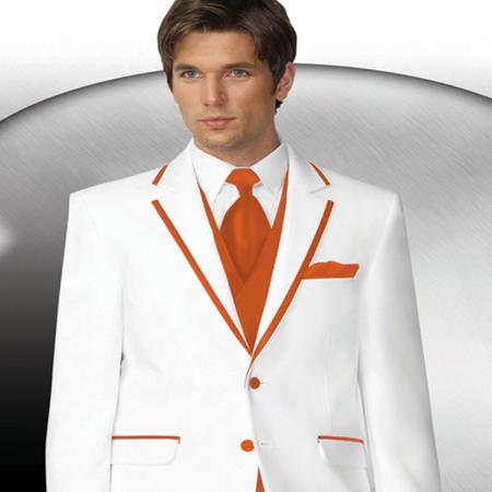 Mensusa Products Mens 2 Button Style White Tuxedo With Orange Trim Collar + Matching Vest & Tie & Pants