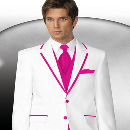 Mensusa Products Mens 2 Button Style White Tuxedo With Pink Trim Collar + Matching Vest & Tie & Pants