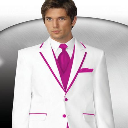 Mensusa Products Mens 2 Button Style White Tuxedo With Fucia Trim Collar + Matching Vest & Tie & Pants