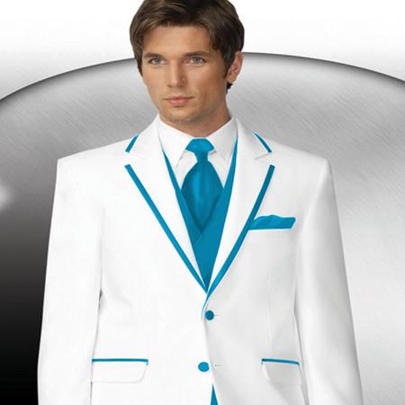 Mensusa Products Mens 2 Button Style White Tuxedo With Turquoise Trim Collar + Matching Vest & Tie & Pants