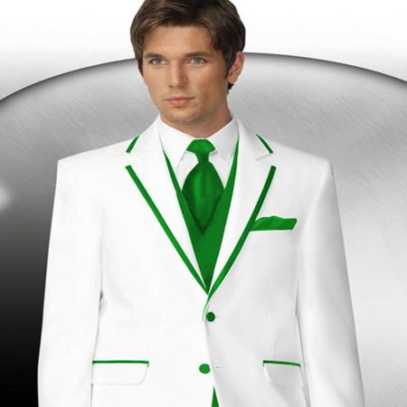 Mensusa Products Mens 2 Button Style White Tuxedo With Lime Green Trim Collar + Matching Vest & Tie & Pants