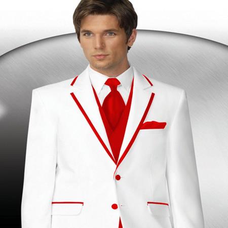 Mensusa Products Mens 2 Button Style White Tuxedo With Hot Red Trim Collar + Matching Vest & Tie & Pants