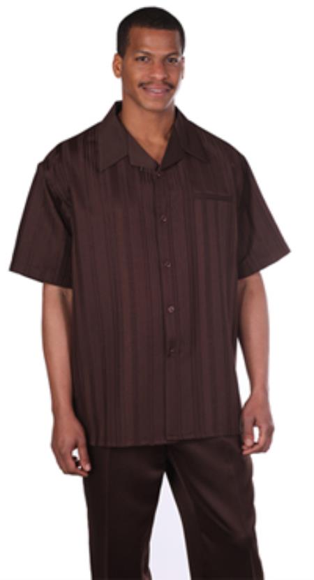 Mensusa Products Milano Moda Brown Shadow Stripe Short Sleeve Casual Sets