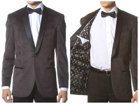 Mensusa Products Mens 1 Button Velvet ~ Velour Tuxedo With Black Trim Shawl Collar Dinner Jacket Blazer Sport Coat Gray