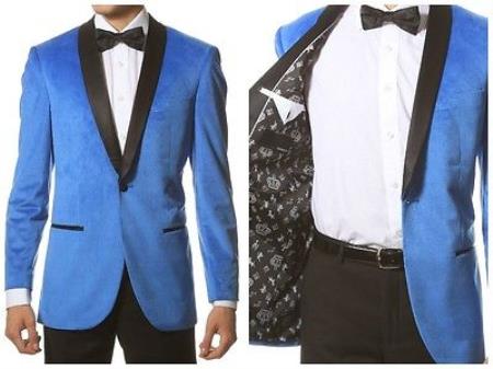 Mensusa Products Mens 1 Button Velvet ~ Velour Tuxedo With Black Trim Shawl Collar Dinner Jacket Blazer Sport Coat Blue