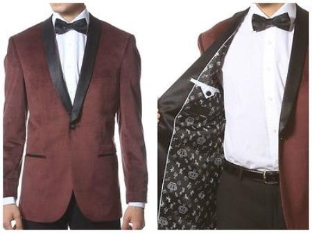 Mensusa Products Mens 1 Button Velvet ~ Velour Tuxedo With Black Trim Shawl Collar Dinner Jacket Blazer Sport Coat Burgundy