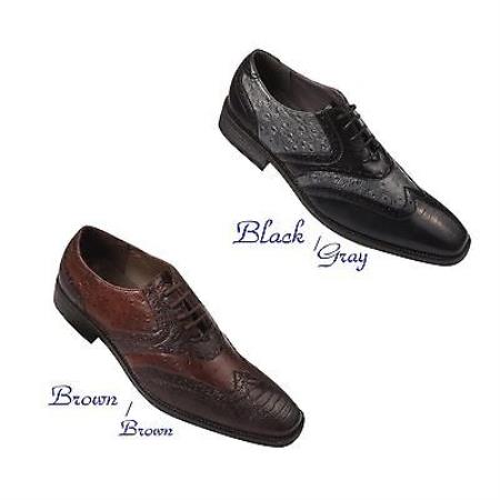 Mensusa Products New Men's Wing-Tip Design Dress Shoes Ostrich Print Blk/Gry D Brown/Brown