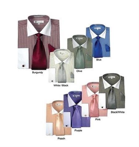 Mensusa Products Men's Striped Dress Shirt with Tie Handkerchief Cuff Links -white Collars Multi-Color