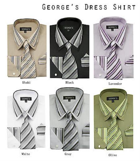 Mensusa Products Classic Men's Dress Shirt Set w/ Tie And Handkerchief -Striped Collar