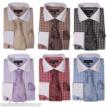Mensusa Products Men's Dress Shirt Set Checker Style French Cuff Links Matching Tie Multi-color
