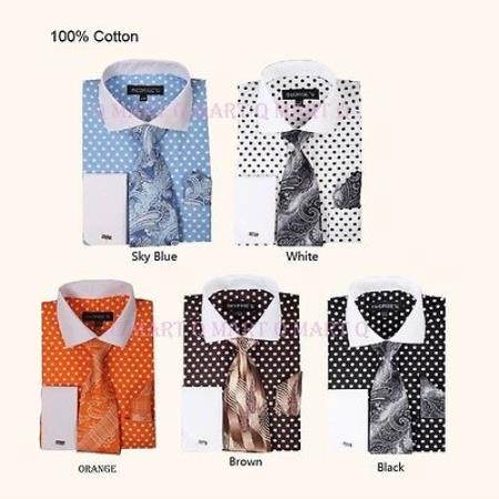 Mensusa Products Men's French Cuff Dress Shirt Polka Dot Tie Handkerchief Set Multi-color