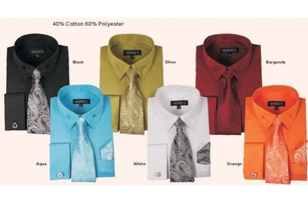 Mensusa Products Mens French Cuff Dress Shirt With Tie And Handkerchief Set Varies Colors