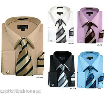Mensusa Products Men's French Cuff Dress Shirt Matching Tie Handkerchief Set Style