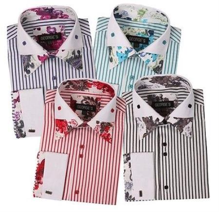 Mensusa Products Mens Striped Shirt with Foral Print Design Lots Colors French Cuffs Multi-Color