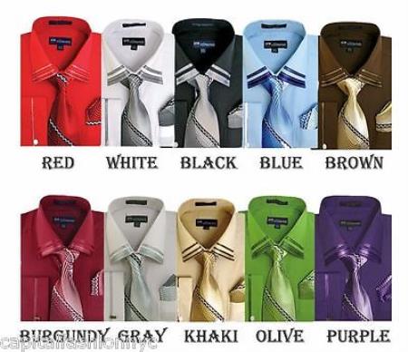 Mensusa Products Men's French Cuff Dress Shirt Matching Tie Handkerchief Set Multi-Color