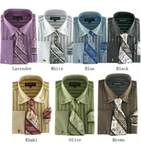 Mensusa Products Men's Classic Strip Dress Shirt Set, W/ Tie And Handkerchief - 7 colors