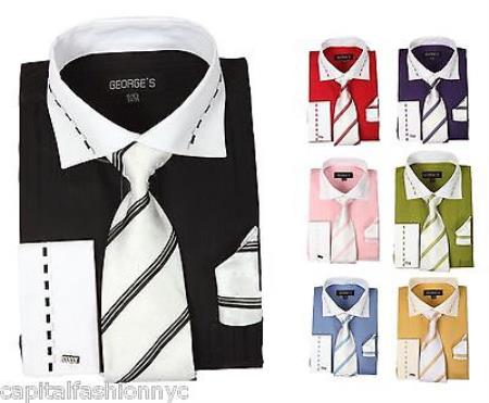 Mensusa Products Mens Causal Formal Dress Shirt Tie Handkerchief Set Tonal Striped Multi-Color