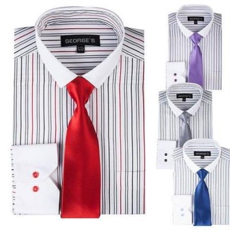 Mensusa Products Men's Striped Dress Shirt With Solid Tie And Slim Collar Style Multi-Color