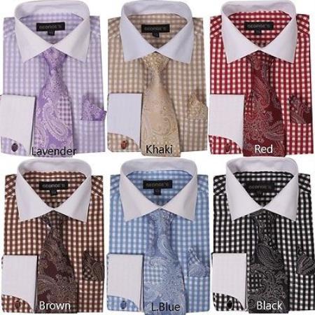 Mensusa Products Men's Checker Dress Shirt French Cuff With Matching Cuff- Links Style Multi-Color