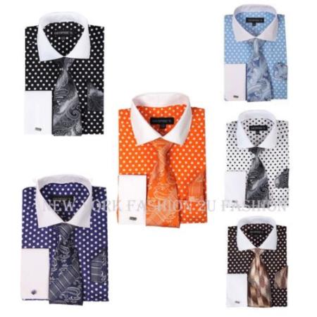 Mensusa Products Men's George Fashion Polka Dot Design French Cuff Dress Shirt Style Multi-Color