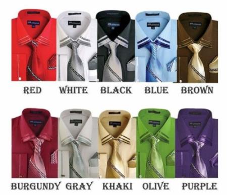 Mensusa Products Men's French Cuff Dress Shirt With Tie And Handkerchief Style Multi-Color