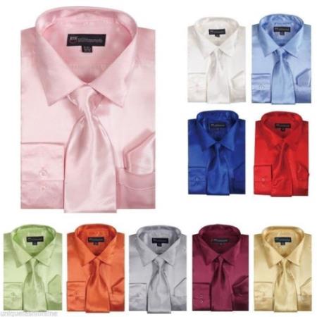 Mensusa Products Men's Shiny Satin Dress Shirt With Tie And Handkerchief Set Multi-Color