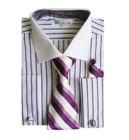 Mensusa Products Men's Stylish Striped Dress Shirt w/ Tie and Handkerchief Long Sleeve Style Multi-color