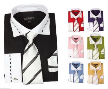 Mensusa Products Men's fashion Dress Shirt With Tie&Hanky French Cuff Style Multi-color
