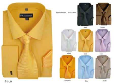 Mensusa Products Men's Solid Dress Shirt French Cuff Matching Tie+Handkerchief Style Multi-Color