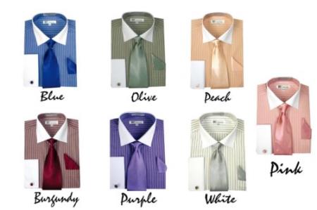 Mensusa Products Men's Stylish Striped Dress Shirt w/ Tie And Handkerchief French Cuff Style Multi-Color