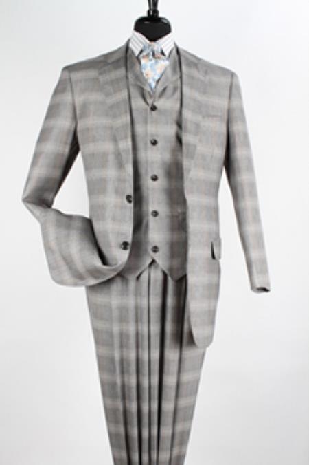Mensusa Products Apollo King Men's 3 Piece High Fashion Suit - Fancy Glen Plaid Grey And Taupe