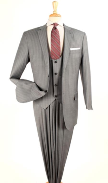 Mensusa Products Royal Diamond Men's 3 Piece Pinstripe Fashion Suit - Double Vents Grey & Tan