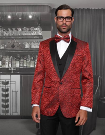 Mensusa Products 1 Button Sharkskin Paisley Tuxedo Dinner Jacket Blazer + Black Vest & Pants ( Mens Suit) With Black Trimed Notch Collar Red