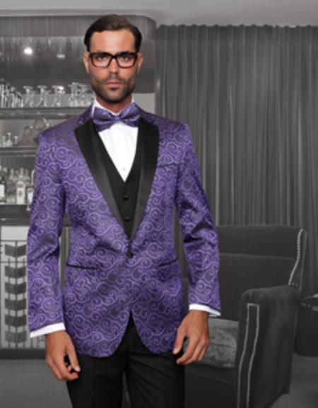 Mensusa Products 1 Button Sharkskin Paisley Tuxedo Dinner Jacket Blazer + Black Vest & Pants ( Mens Suit) With Black Trimed Notch Collar Purple