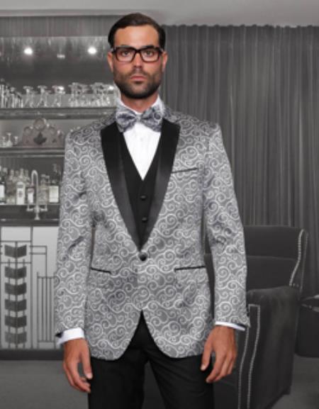 Mensusa Products 1 Button Sharkskin Paisley Tuxedo Dinner Jacket Blazer + Black Vest & Pants ( Mens Suit) With Black Trimed Notch Collar Gray