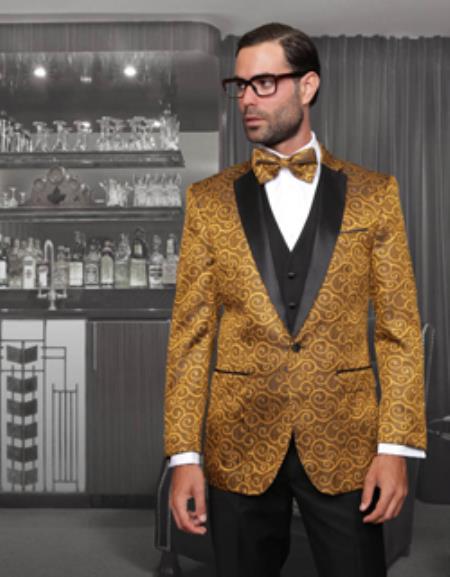Mensusa Products 1 Button Sharkskin Paisley Tuxedo Dinner Jacket Blazer + Black Vest & Pants ( Mens Suit) With Black Trimed Notch Collar Gold