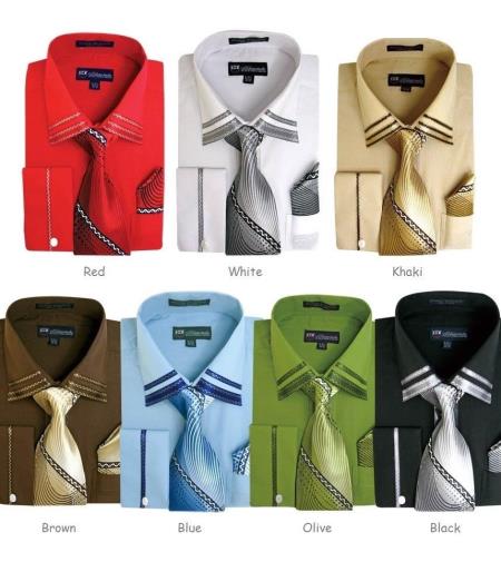 Mensusa Products Men's Solid Spread Collar Dress Shirt Set French Cuff Classic Fit Multi-color