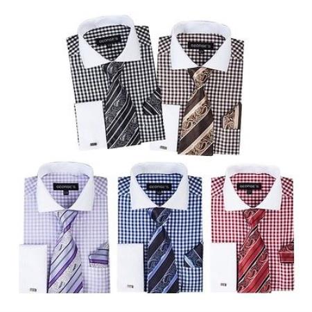 Mensusa Products Men's Cotton Blend Checks / Spread Collar Dress Shirt Set French Cuff Multi-Color