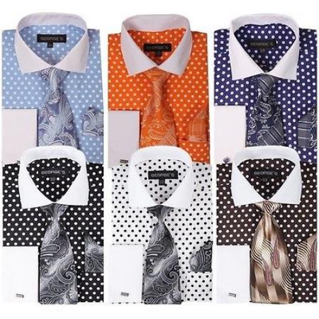 Mensusa Products Men's Polka Dot French Cuff Dress Shirt with Matching Tie + Handkerchief Set Multi-Color