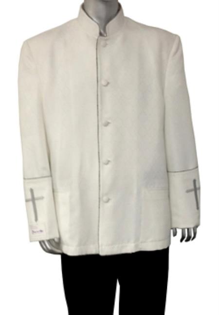 Mensusa Products Benedict Jacquard Pattern Clergy Blazer with Piping And Embroidery On Cuffs White, Grey