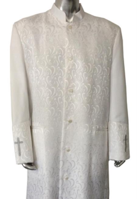 Mensusa Products Full Length Clergy Robe With Tonal Jacquard Pattern, Embroidered Cuffs With Crosses White/Silver