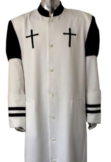 Mensusa Products Full Length Clergy Robe with Contrast Color Blocking, Embroidered Crosses on Front White/Black