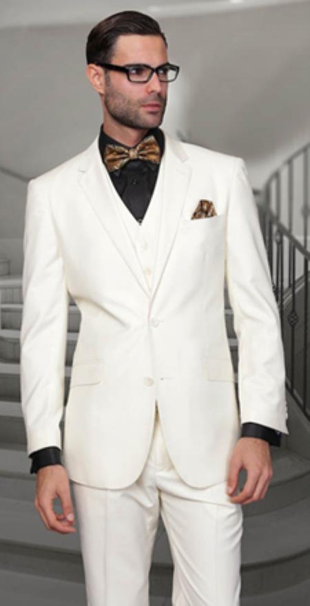 Mensusa Products Statement 100% Wool Tailored Fit 3 Piece Suit Off White