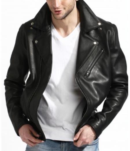 Mensusa Products Genuine Lambskin Leather Biker Jacket Black